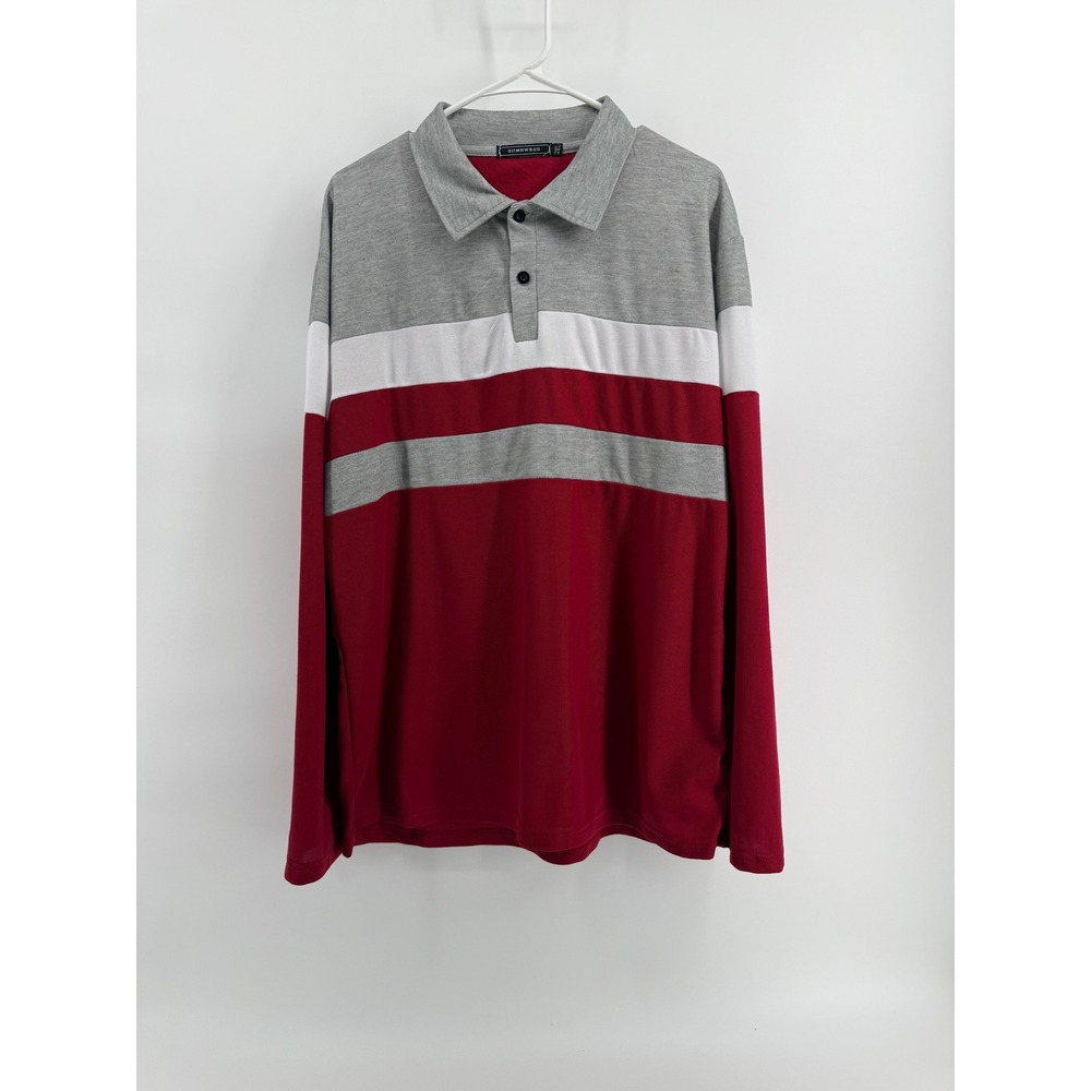 SIIMHWRSS Mens Long Sleeve Polo Shirt Red Grey White Colorblock Pique Size 2XL